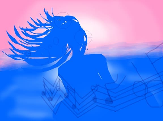 mermaid singing and a pink sky