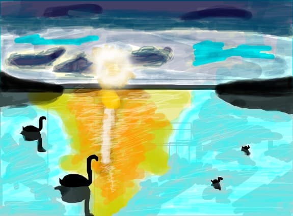 Lebede pe lac, la apus