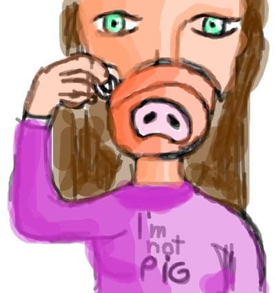o fata care bea ceai dintro cana care are pe fund un rat de porc :D