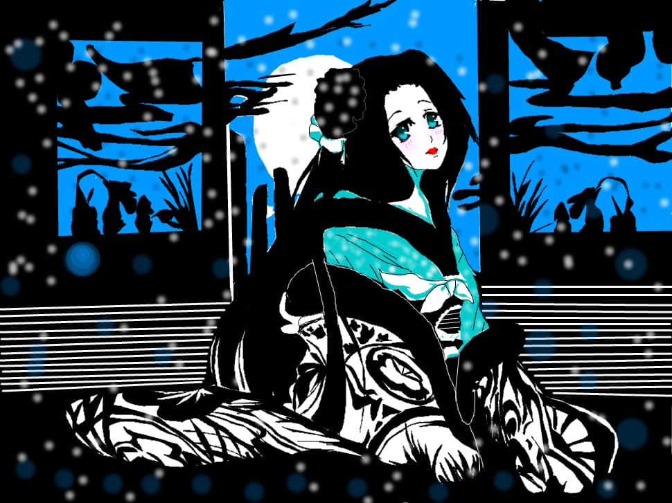 anime girl black &amp; white &amp; blue