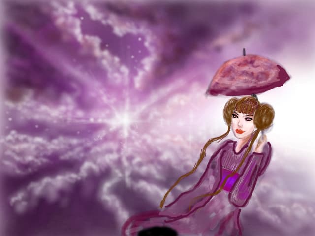 flying in clouds with umbrella...