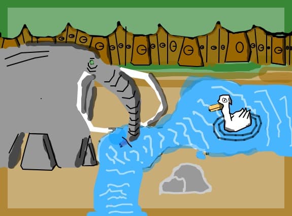 Un elefant care bra apa dintr-un parau si o rata care se scalda in el...