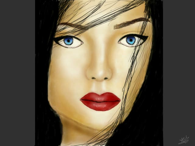 Black hair, blue eyes