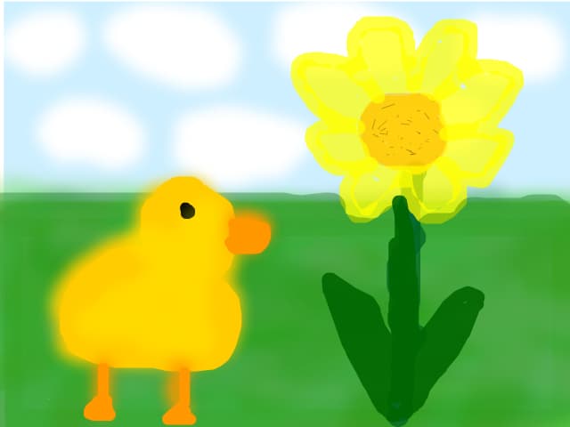 Un peisaj cu floarea soarelui si un pui de rata
