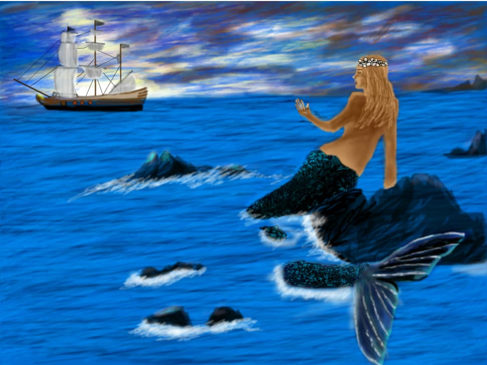 Mermaid looking at water ship