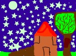 noaptea senina cu casa cu copac si iarba stele si luna